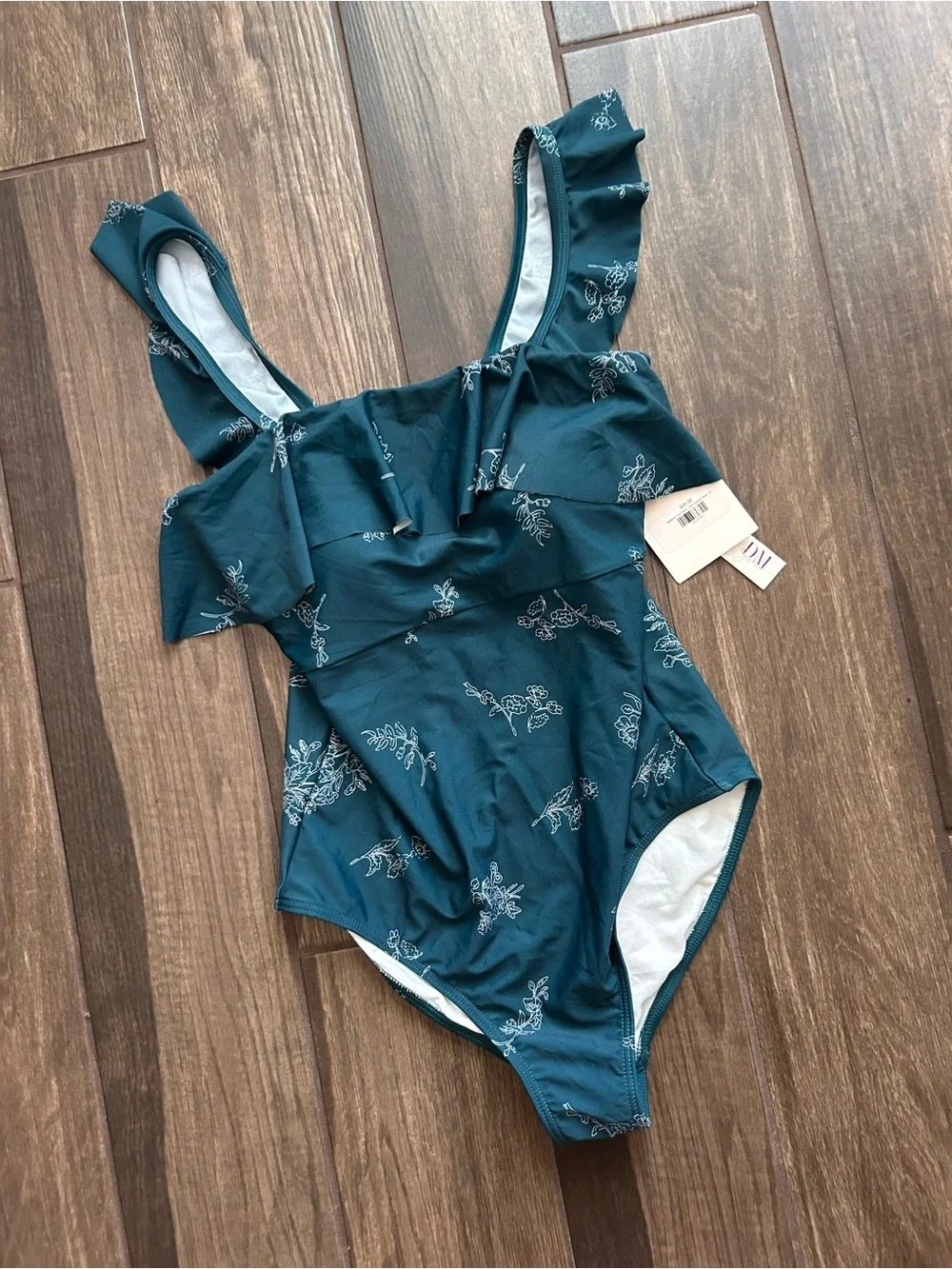 NWT DM Fashion Waterfall One Piece Swimsuit in Teal Etched Floral Sz M
